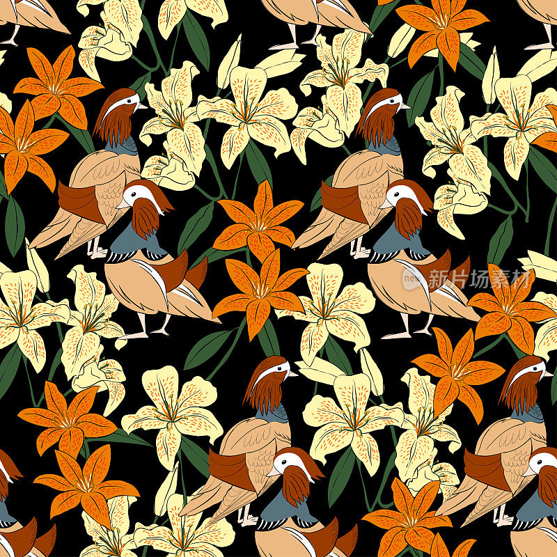 Vector illustration seamless pattern with flowers and duck in ukiyo style, white and orange lilies and mandarin ducks on black background, can be used for background, in textile, packaging, banner.